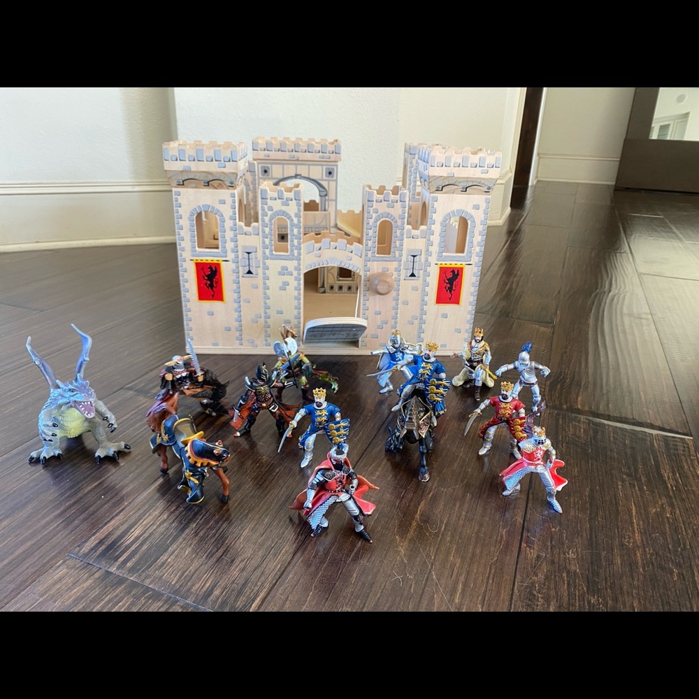Melissa & Doug Wood Castle plus knights, horses, dragon and king.
